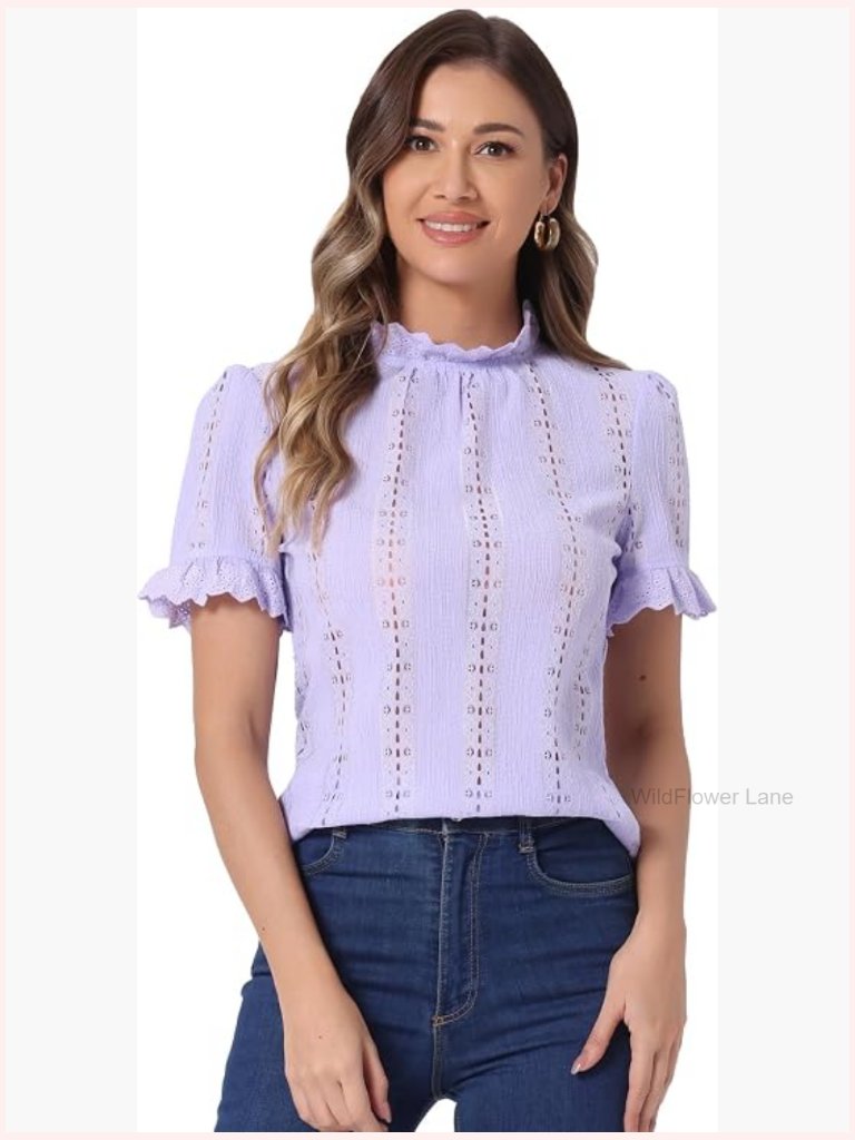 Mock Neck Puff Sleeve Crochet Eyelet Blouse - Regular Fit